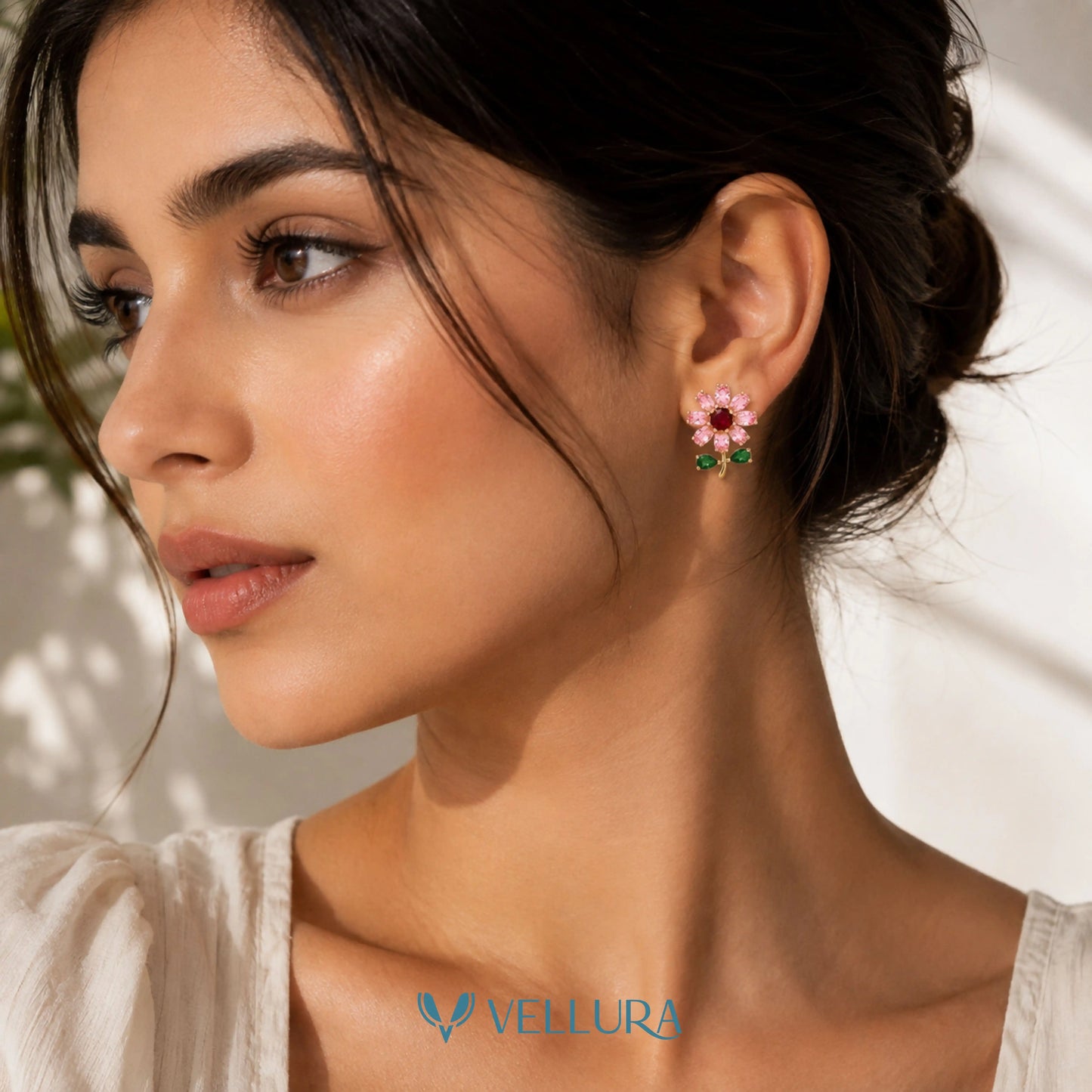 Pink CZ Floral Stud Earrings