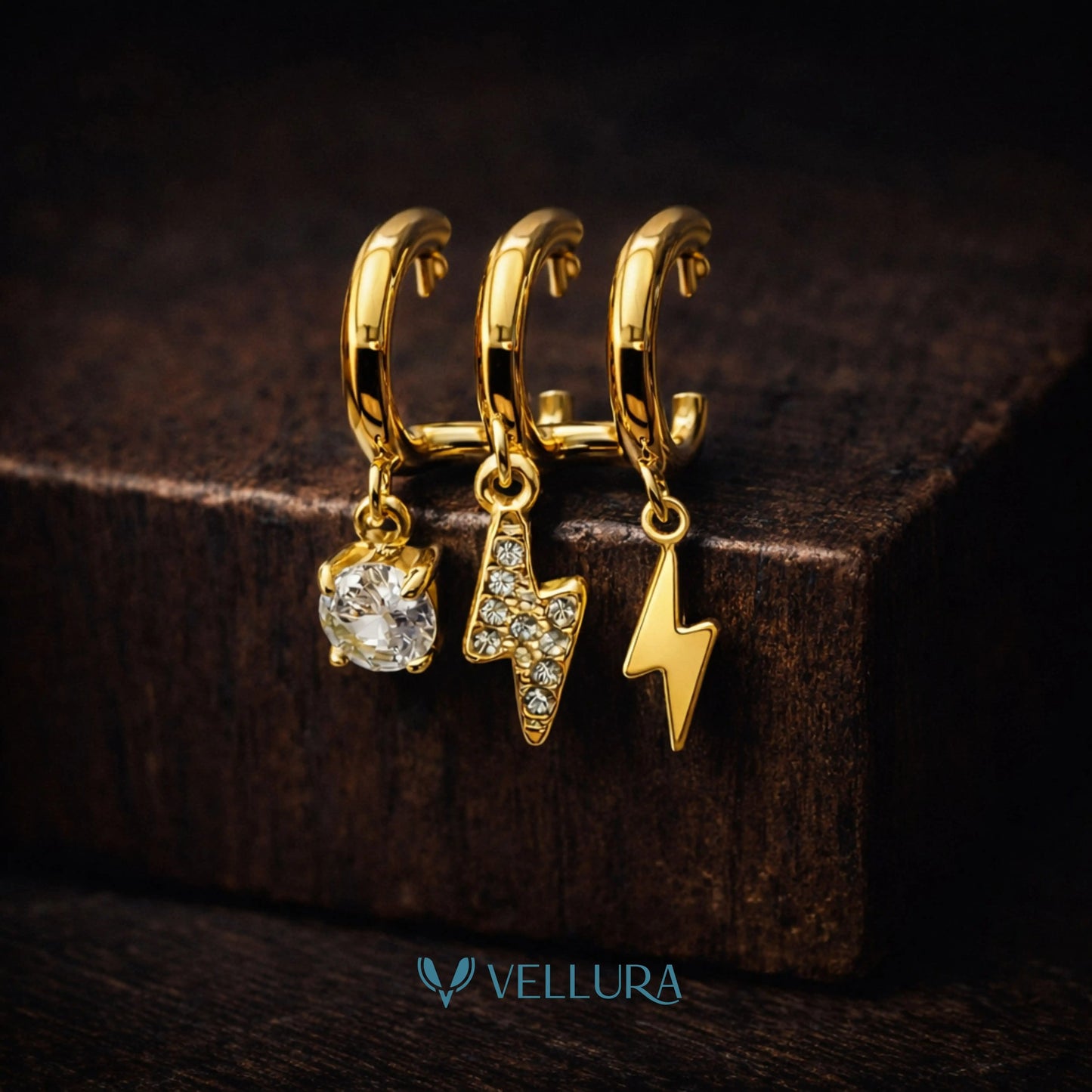 Gold Lightning Charm Hoop Earrings