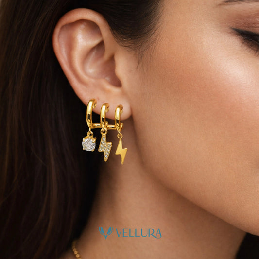 Gold Lightning Charm Hoop Earrings