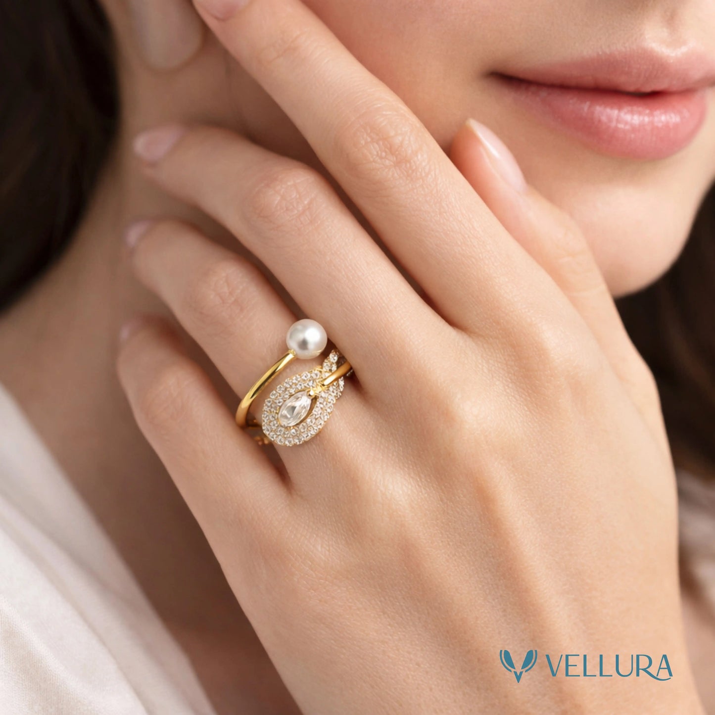 Gold Pearl & Teardrop Crystal Ring