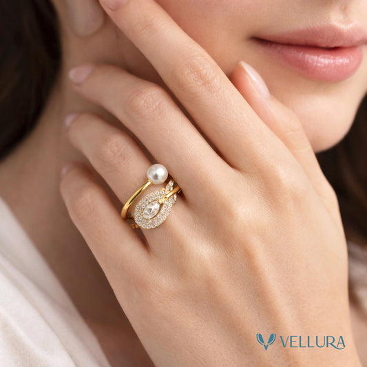 Gold Pearl & Teardrop Crystal Ring