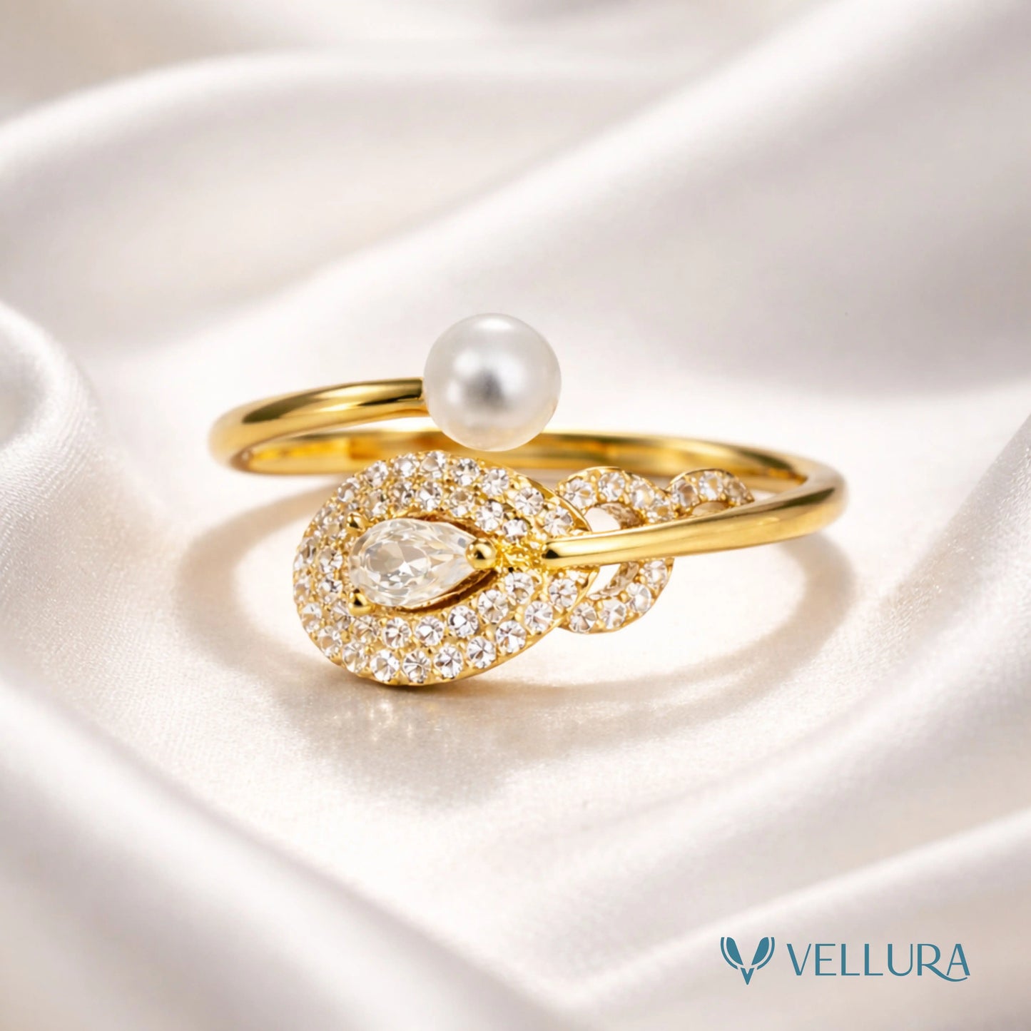 Gold Pearl & Teardrop Crystal Ring