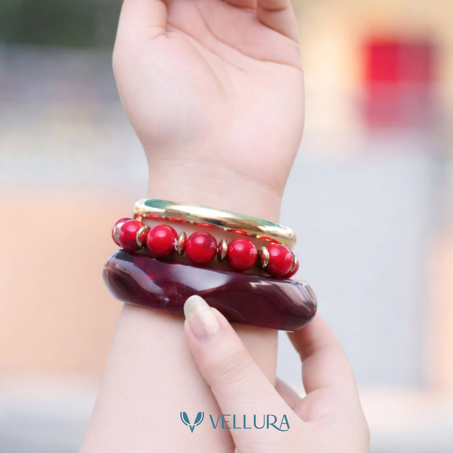 Wine Red Marble Resin Bangle Set for Women