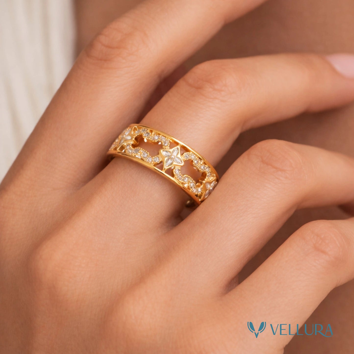 Gold Floral Crystal Eternity Ring