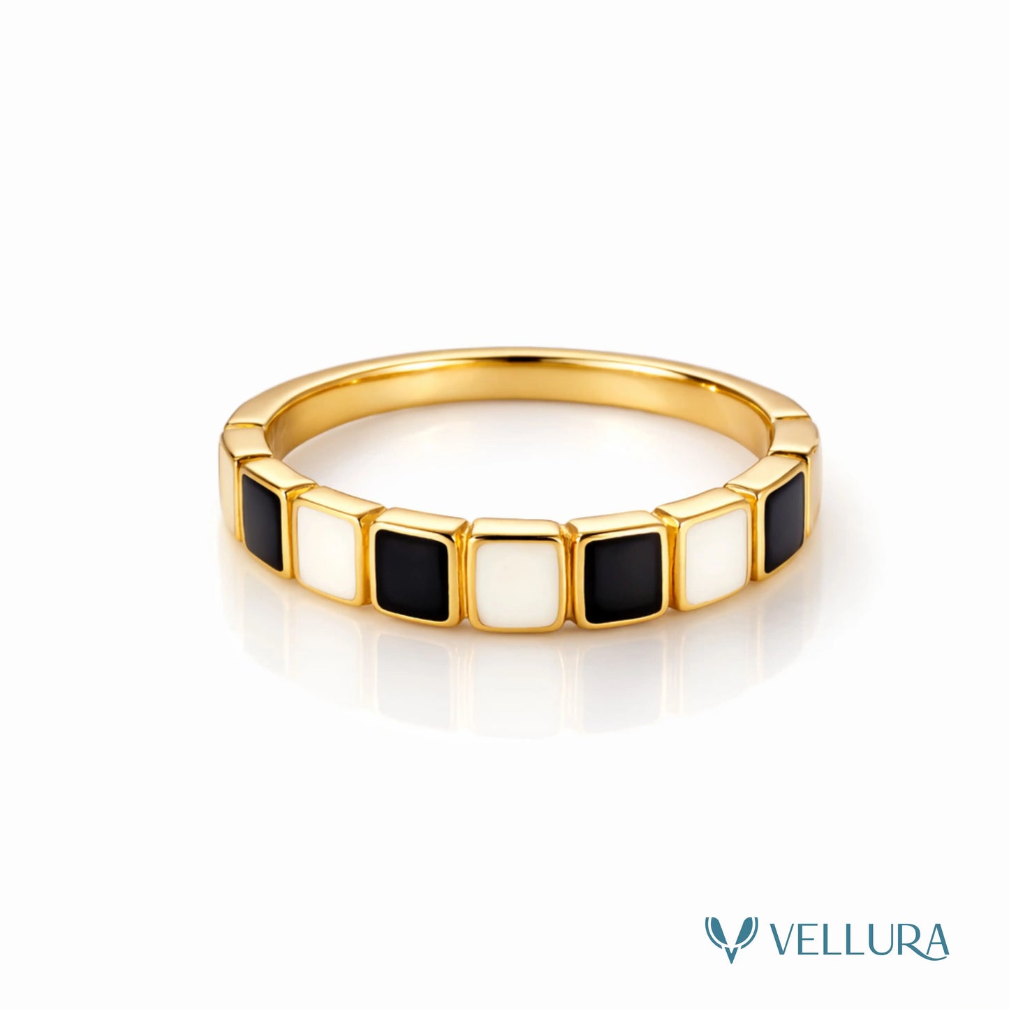Gold Black & White Enamel Band Ring