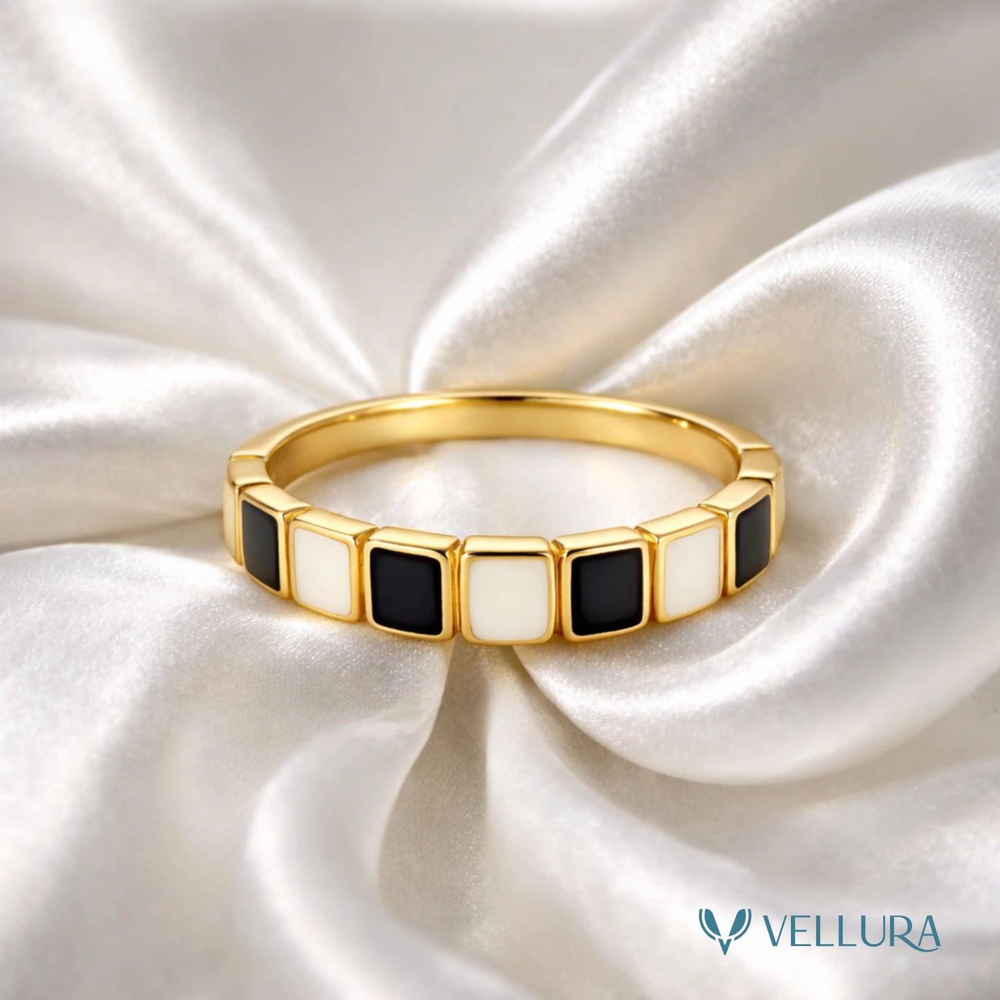 Gold Black & White Enamel Band Ring
