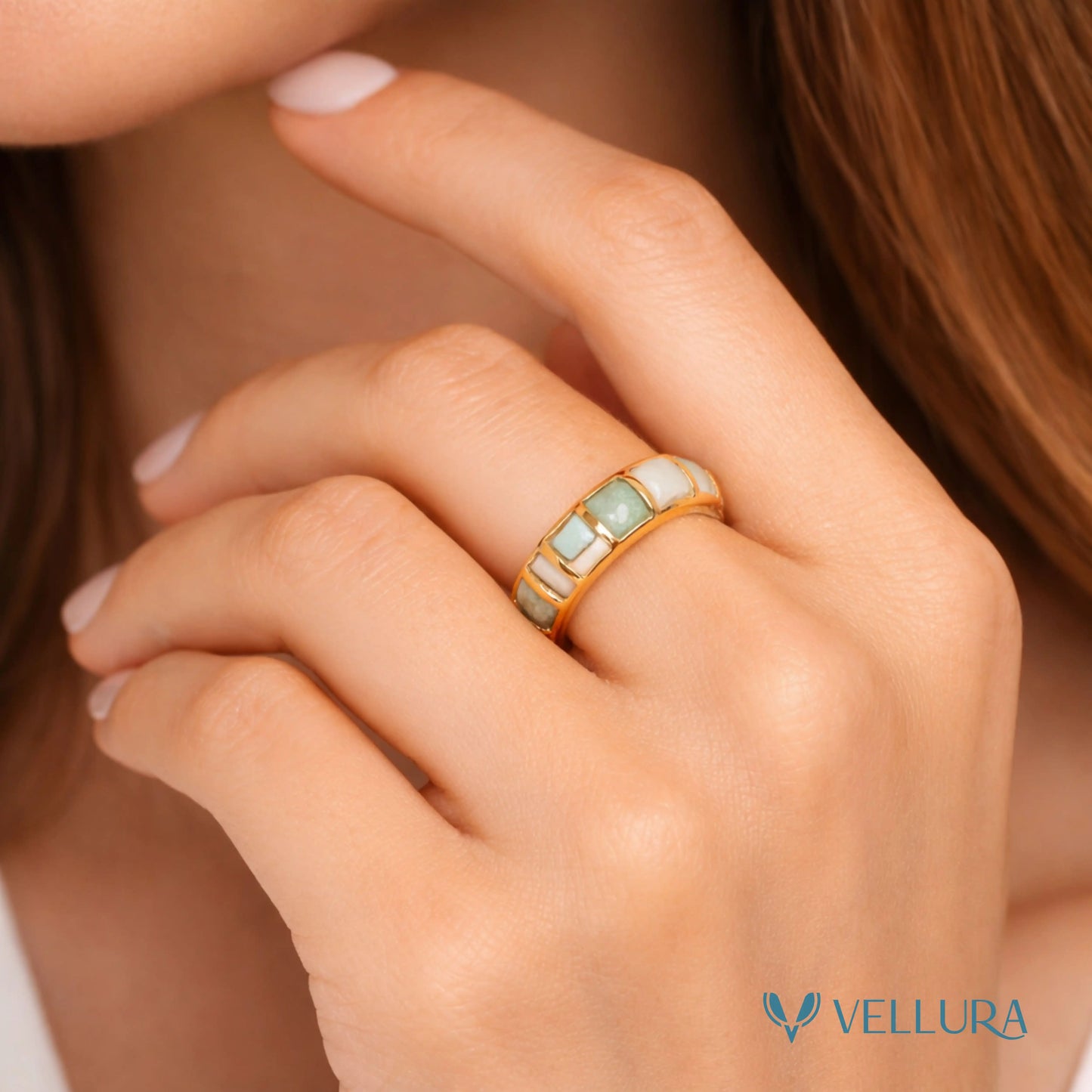 Gold Green & Ivory Enamel Band Ring