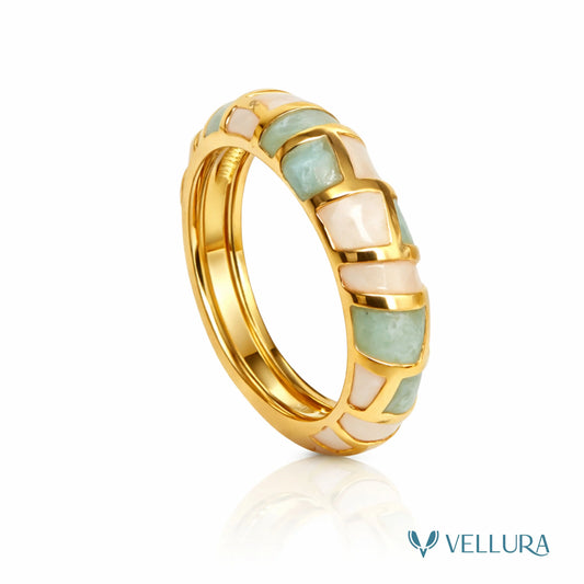 Gold Green & Ivory Enamel Band Ring