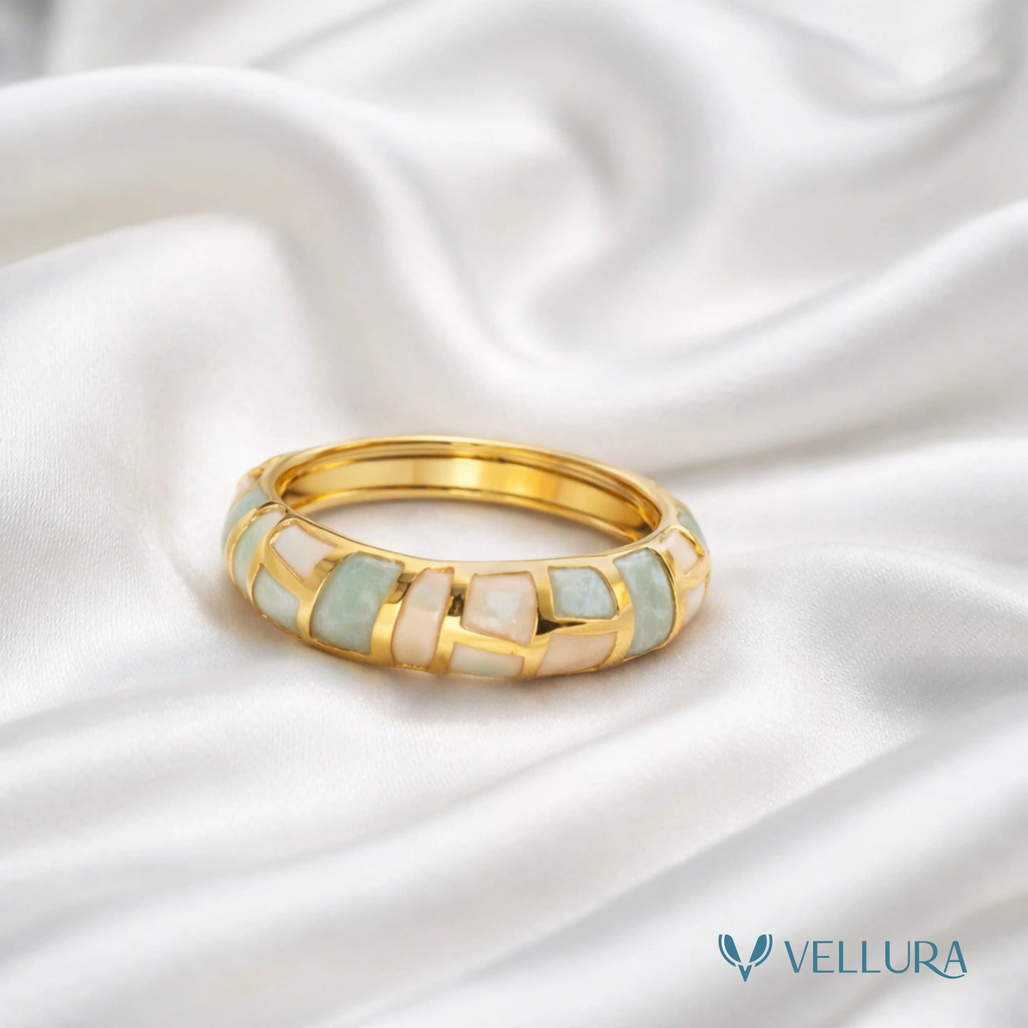 Gold Green & Ivory Enamel Band Ring