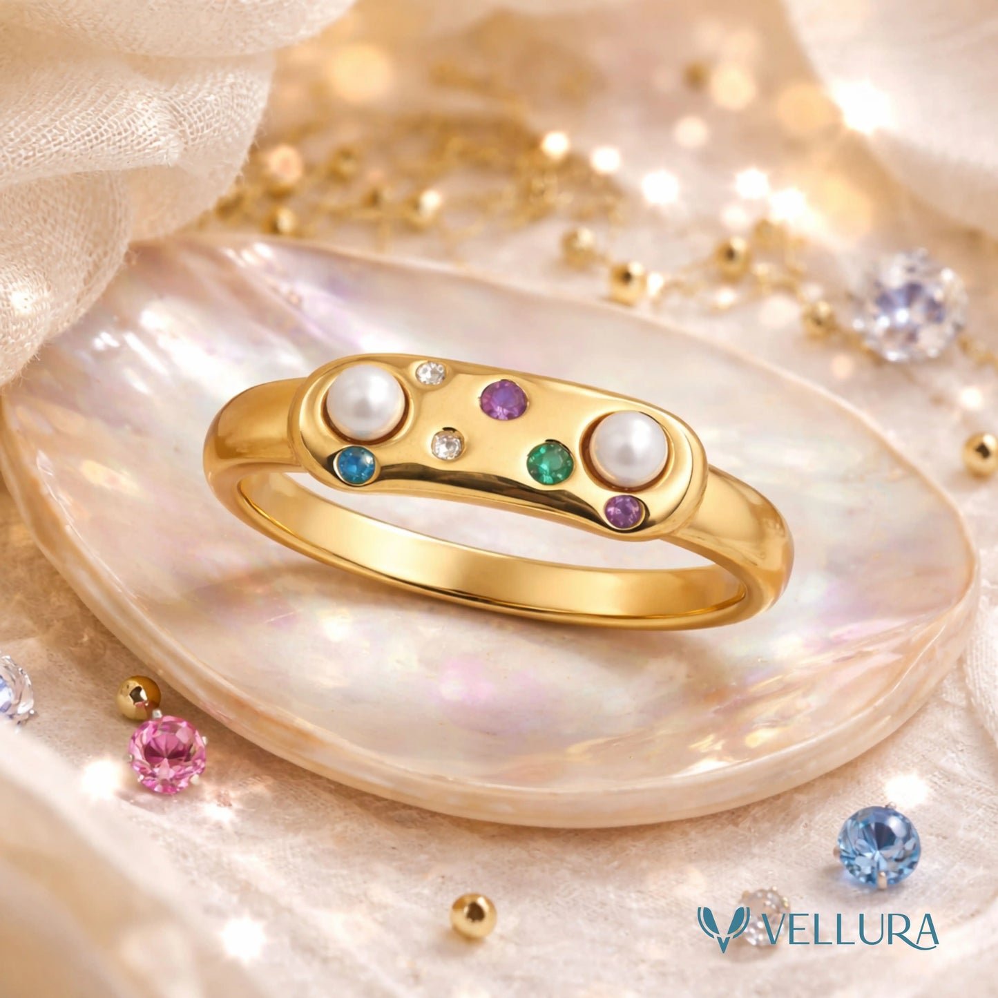 Gold Multi-Stone Pearl Statement Ring