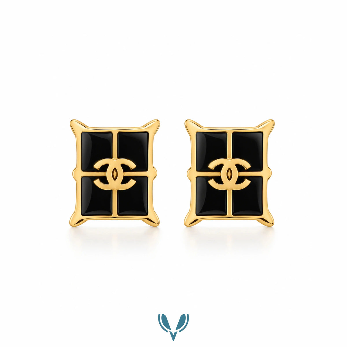 Black Enamel CC Square Stud Earrings