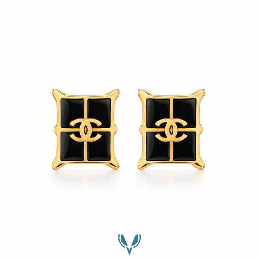 Black Enamel CC Square Stud Earrings