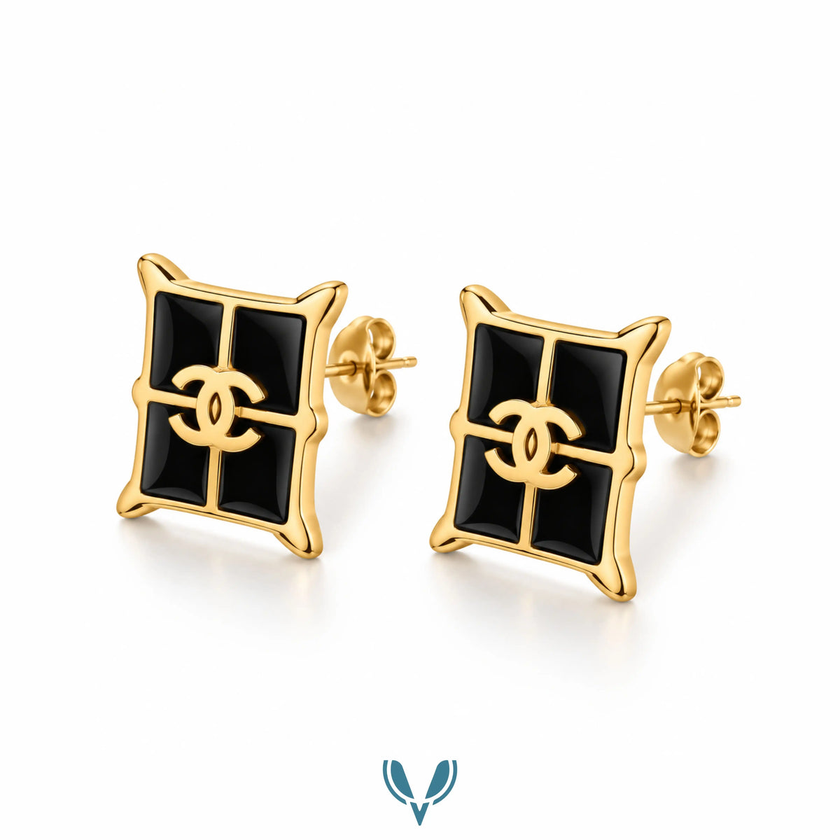 Black Enamel CC Square Stud Earrings