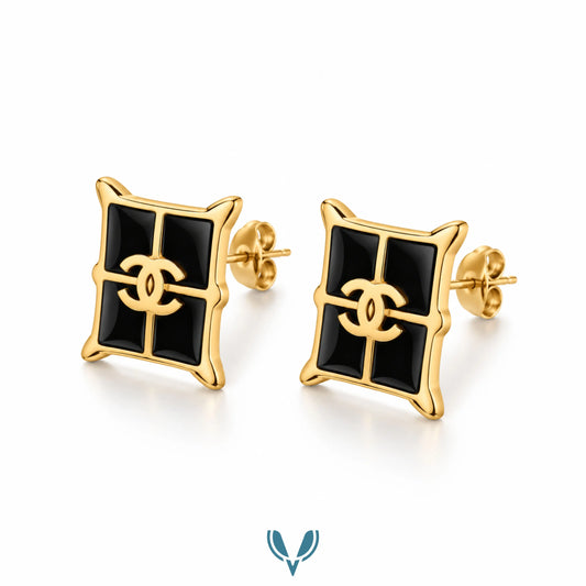 Black Enamel CC Square Stud Earrings