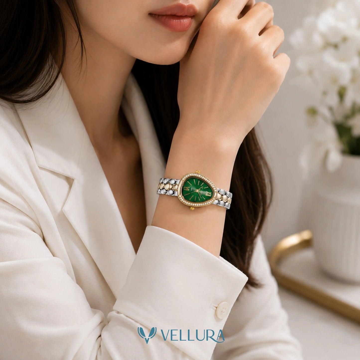 Emerald Elegance Dual Tone Watch
