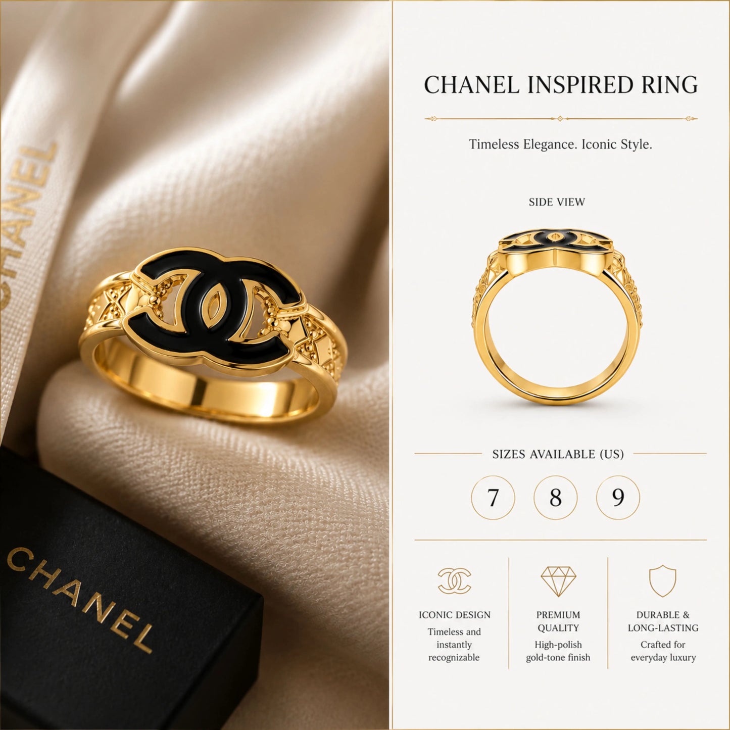 Gold Quilted CC Logo Ring