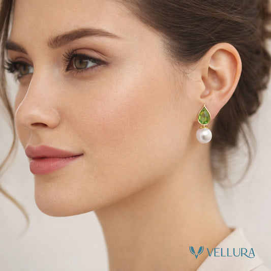 Green Teardrop Stone & Pearl Drop Earrings