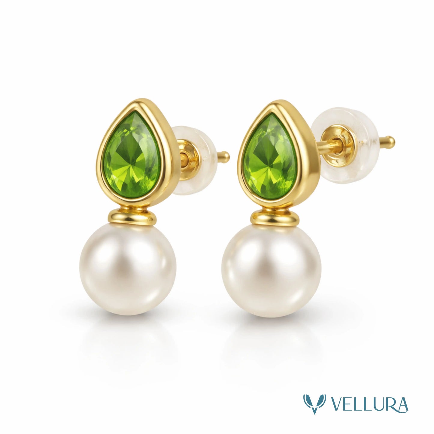 Green Teardrop Stone & Pearl Drop Earrings