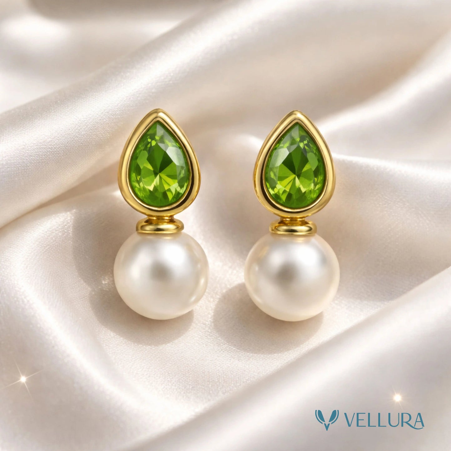 Green Teardrop Stone & Pearl Drop Earrings