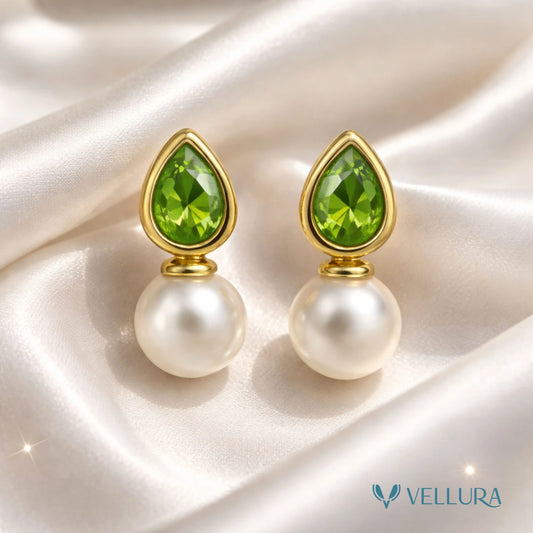 Green Teardrop Stone & Pearl Drop Earrings