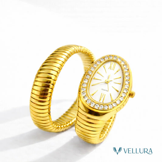 Gold Single Coil Serpent Wrap Watch-White Studded