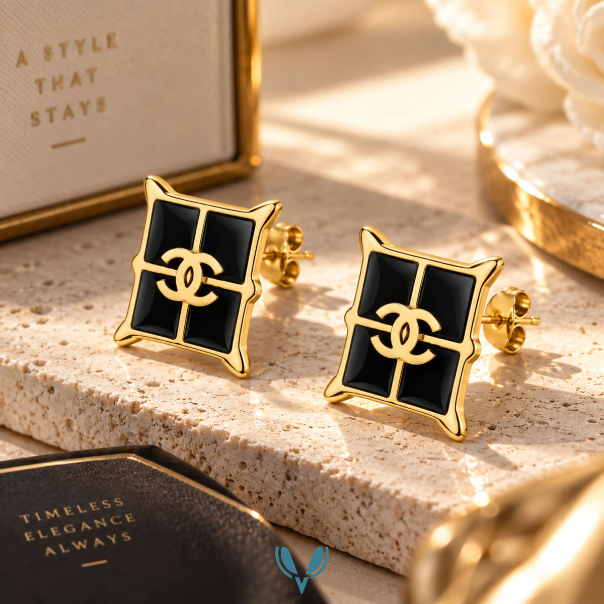 Black Enamel CC Square Stud Earrings
