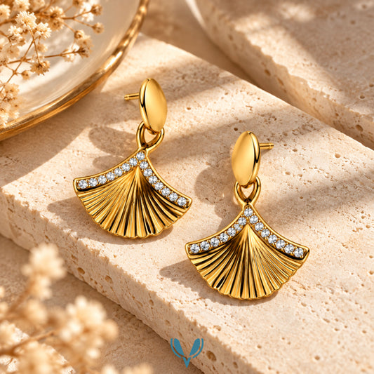Gold Fan Drop Stud Earrings
