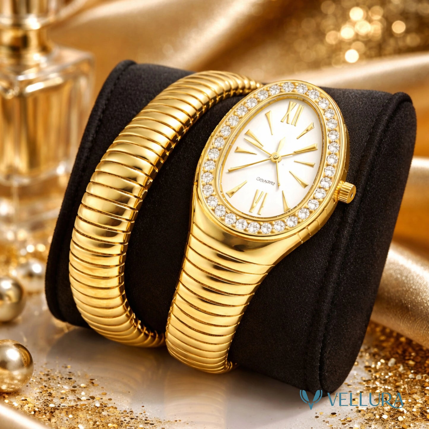 Gold Single Coil Serpent Wrap Watch-White Studded