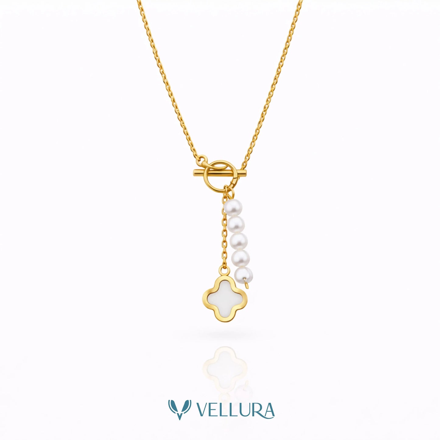 Clover Pearl Drop Gold Necklace