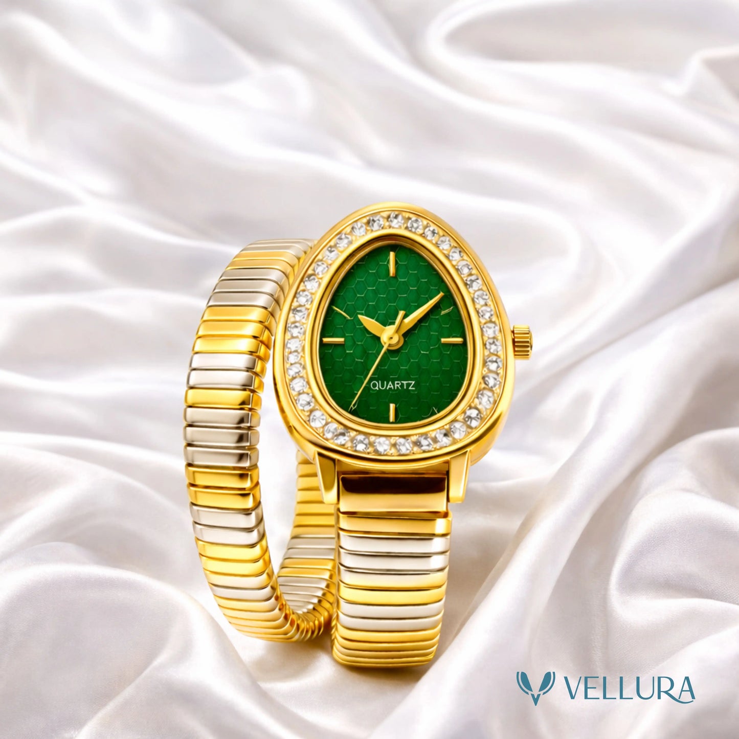 Bvlgari Inspired-GREEN Dual Tone Snake Wrap Watch