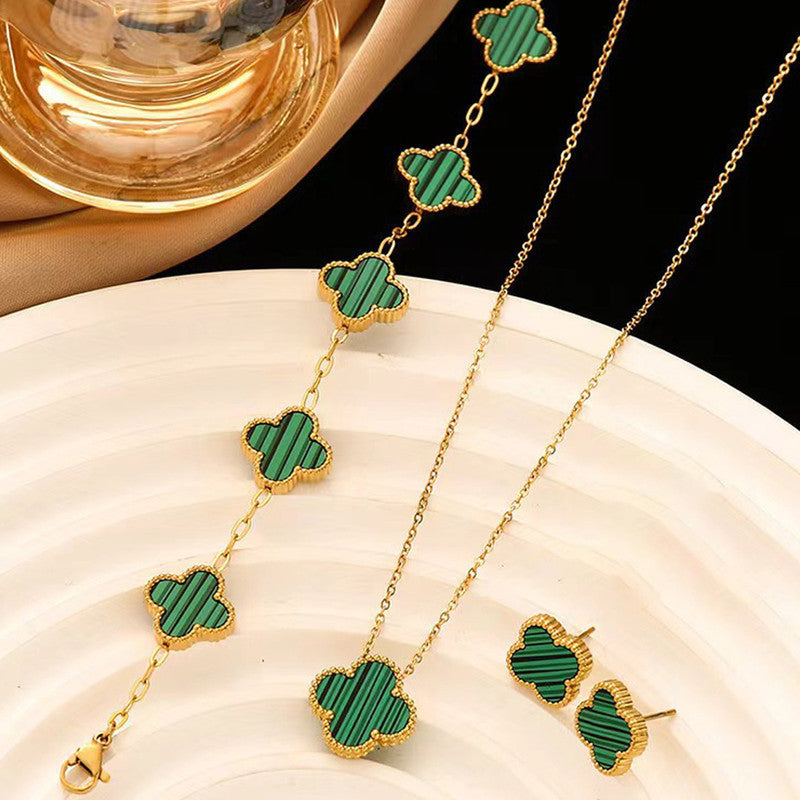 Green Quatrefoil Necklace Set-Necklace and Bracelet