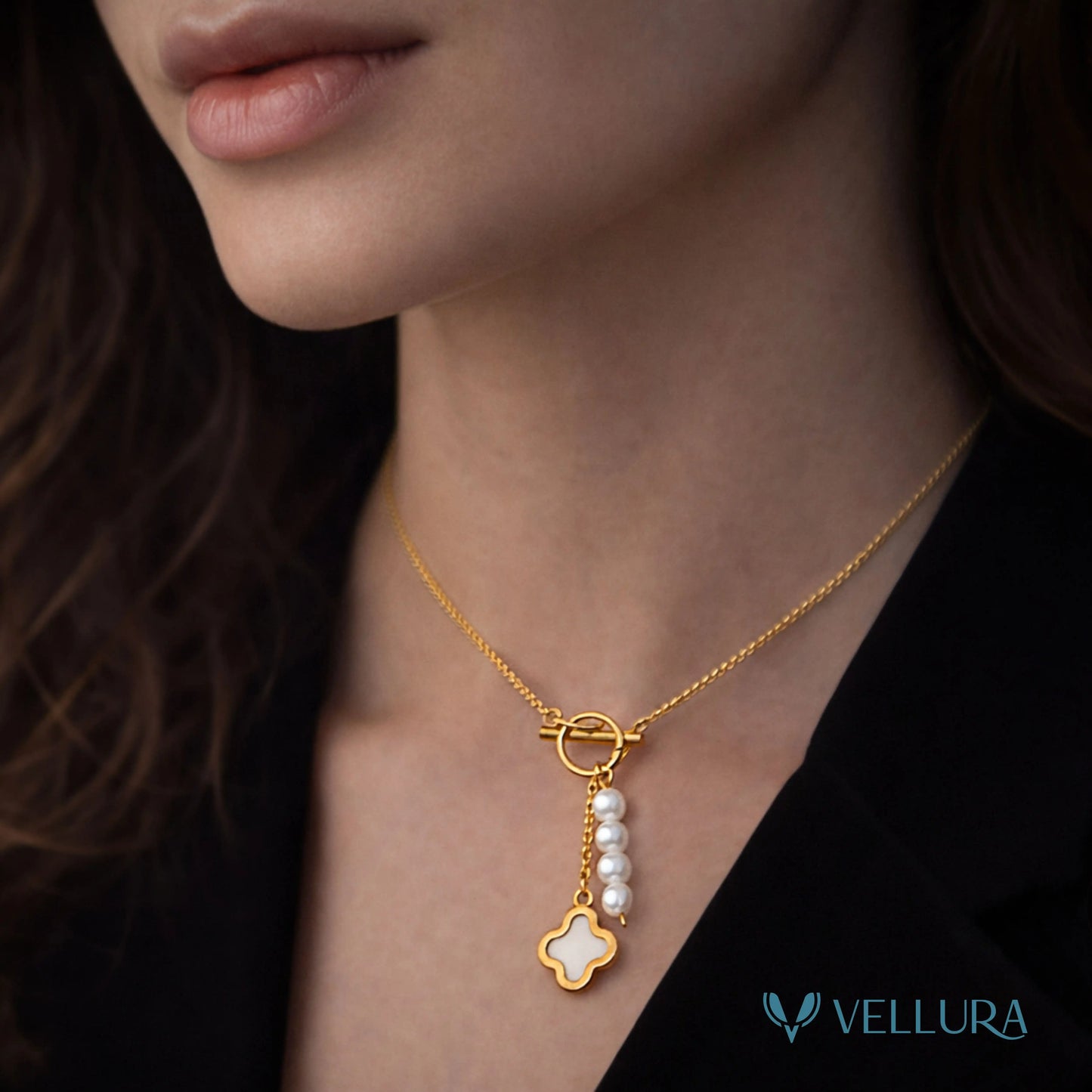 Clover Pearl Drop Gold Necklace