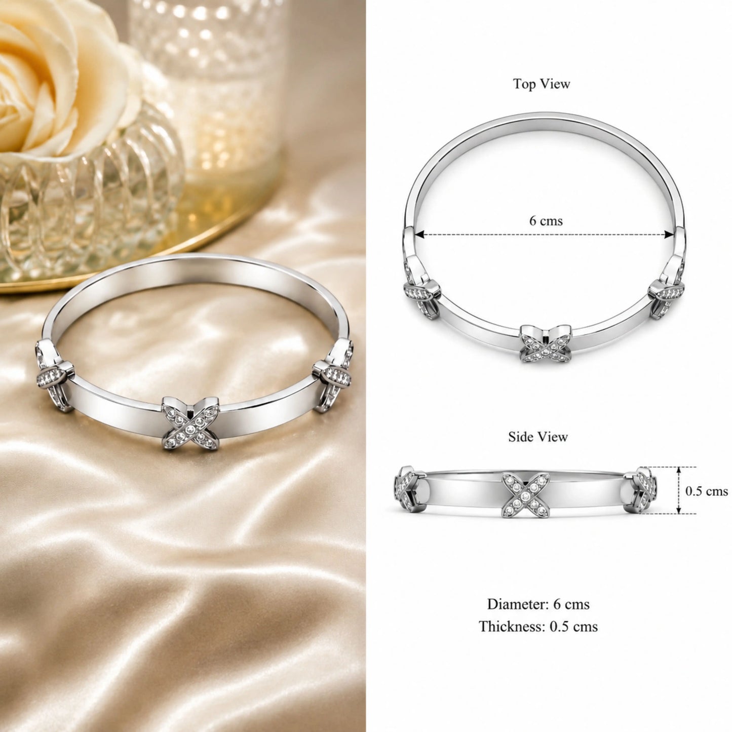 Silver X Motif Crystal Bangle