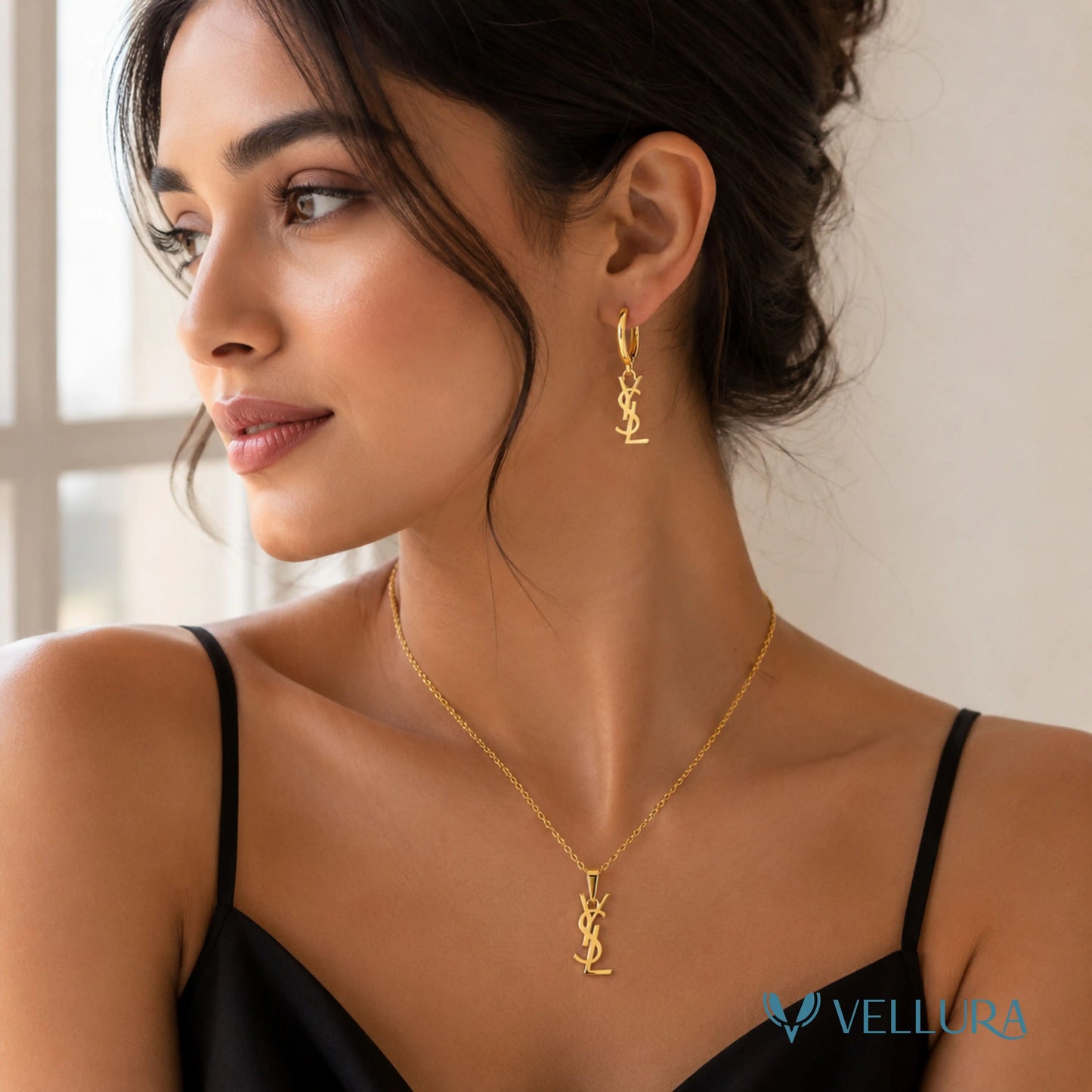 YSL Insipred-Monogram Necklace & Hoop Earrings Set