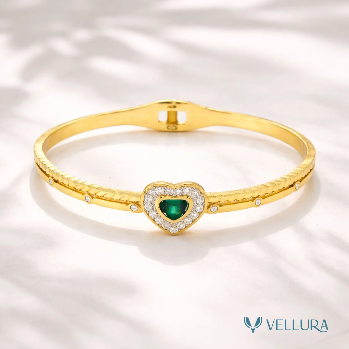 Gold Heart Bracelet with Green Stone Center