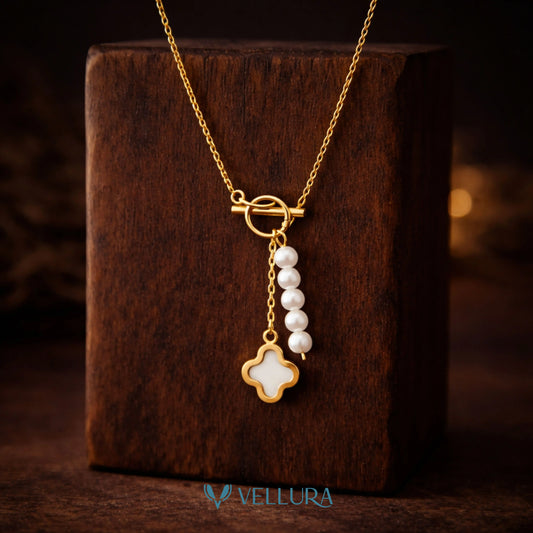 Clover Pearl Drop Gold Necklace