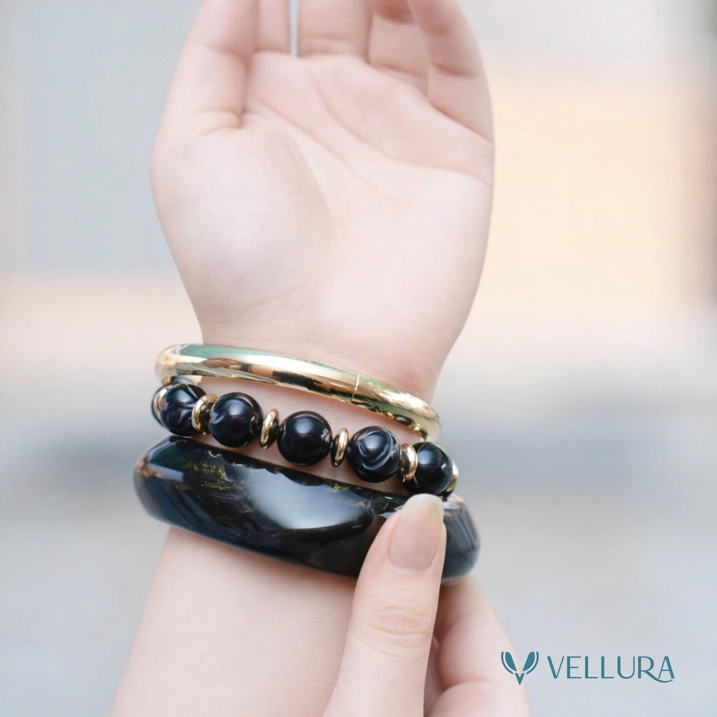 Black Marble Resin Bangle Set for Women