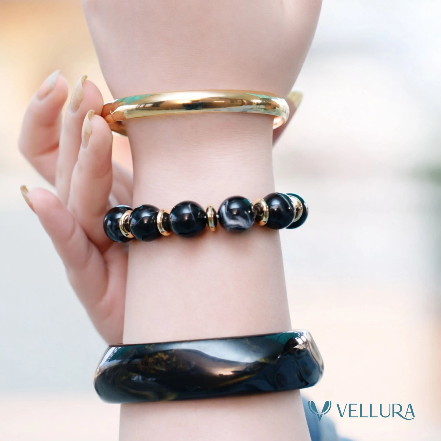 Black Marble Resin Bangle Set for Women