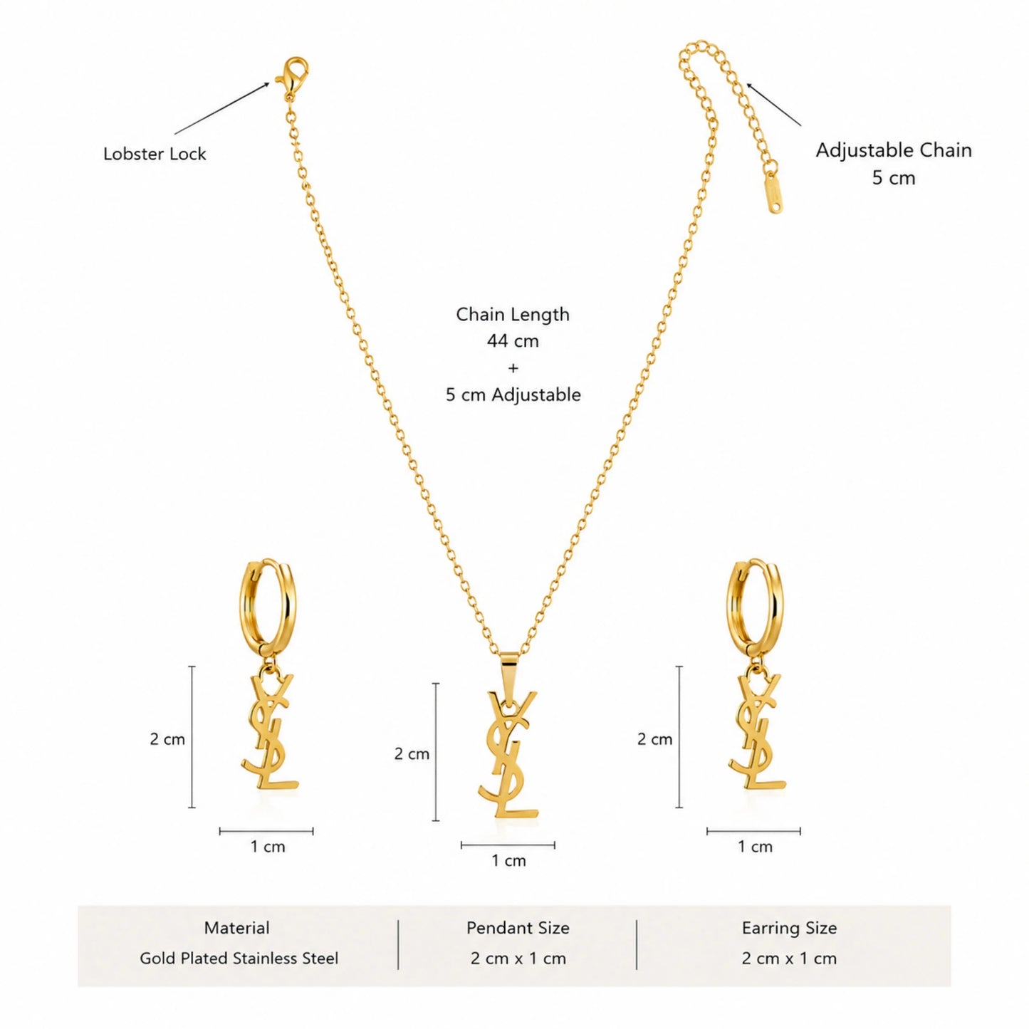 YSL Insipred-Monogram Necklace & Hoop Earrings Set