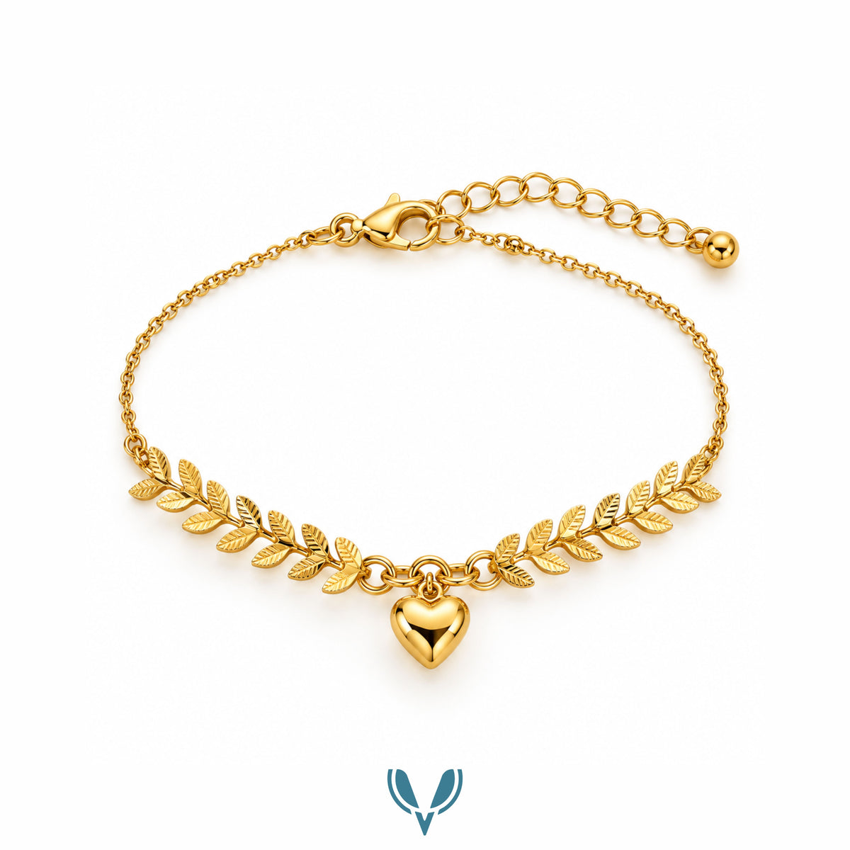 Gold Leaf & Heart Charm Bracelet
