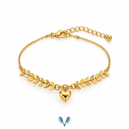 Gold Leaf & Heart Charm Bracelet