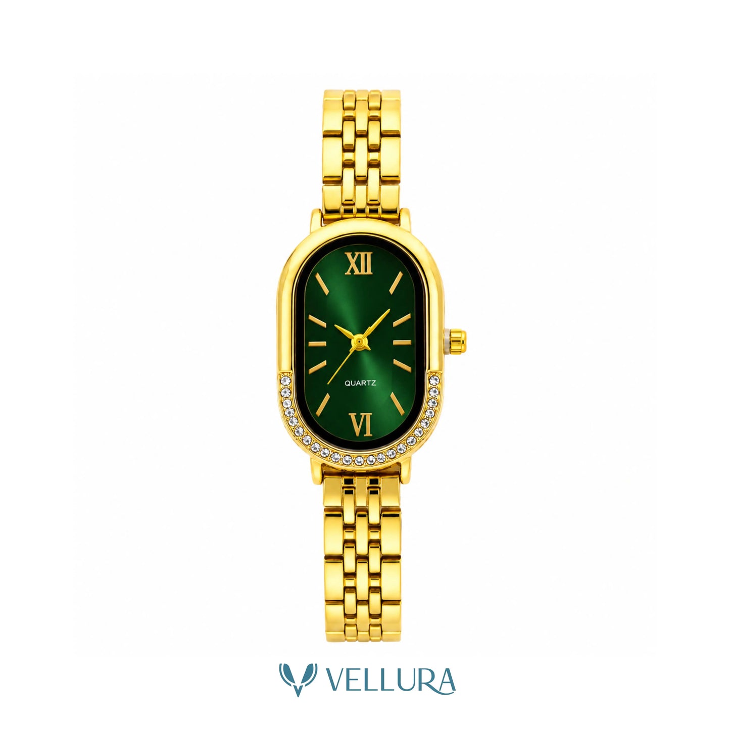 Gold Oval Watch with Emerald Green Dial