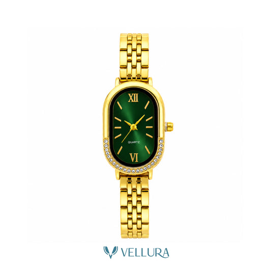 Gold Oval Watch with Emerald Green Dial