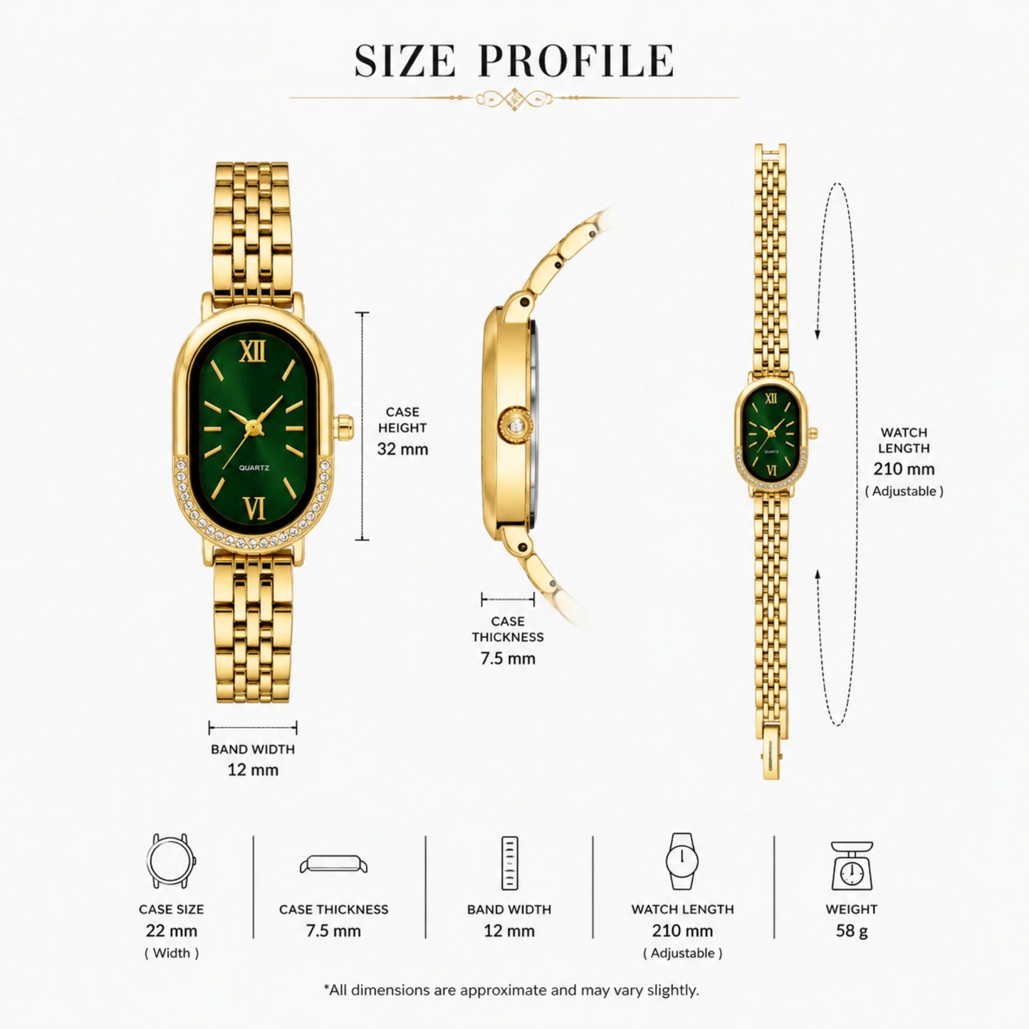Gold Oval Watch with Emerald Green Dial