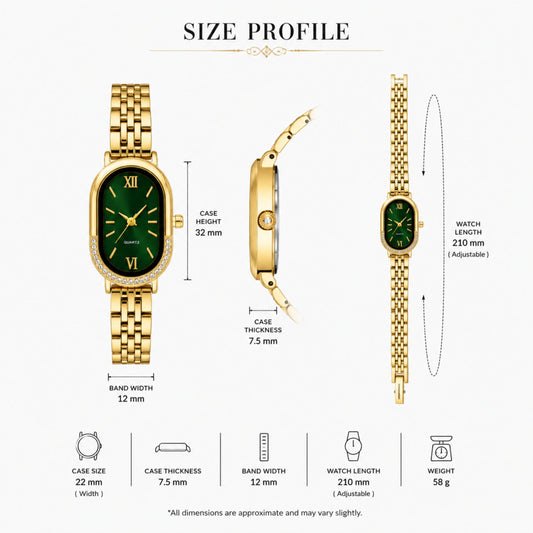 Gold Oval Watch with Emerald Green Dial