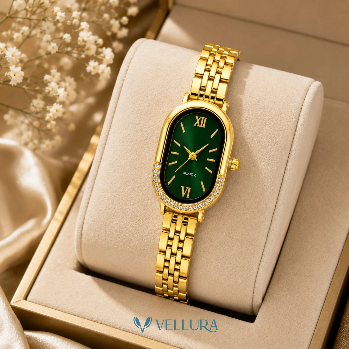 Gold Oval Watch with Emerald Green Dial