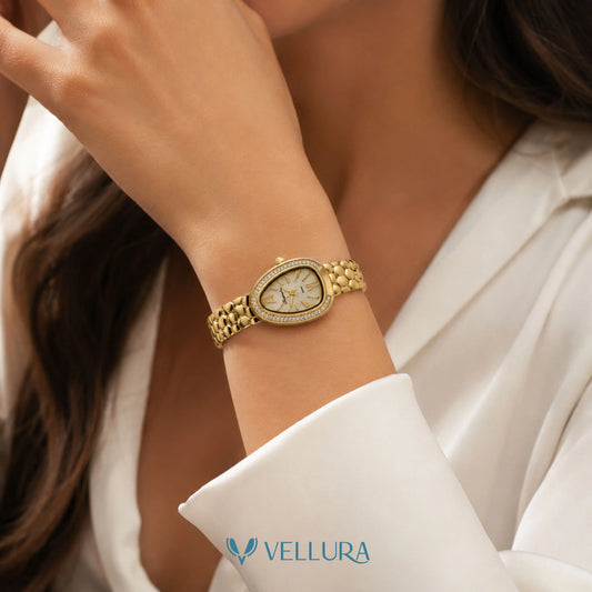 Gold Oval Dial Stone Studded Watch