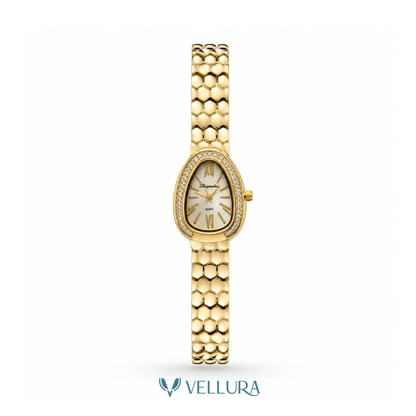 Gold Oval Dial Stone Studded Watch