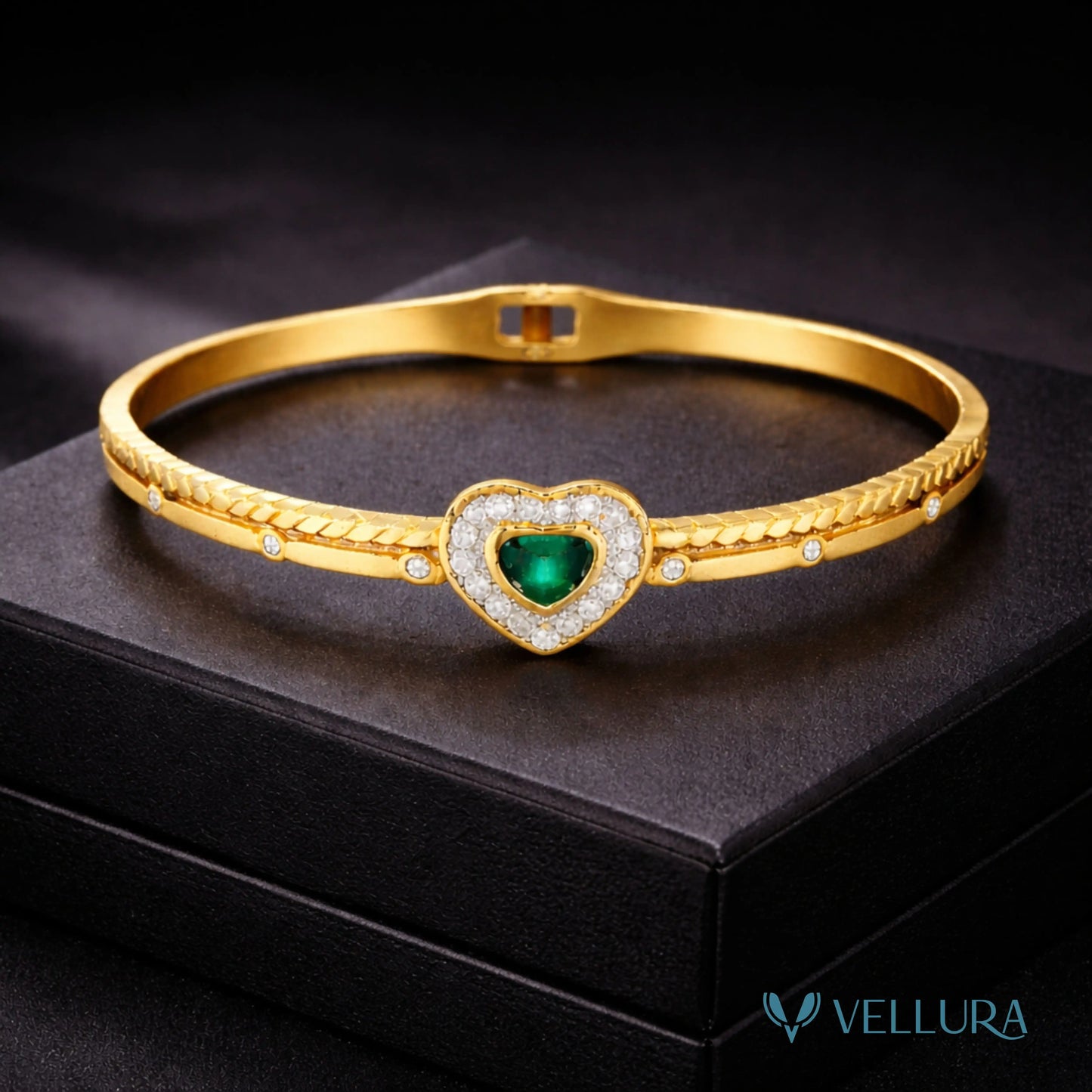 Gold Heart Bracelet with Green Stone Center