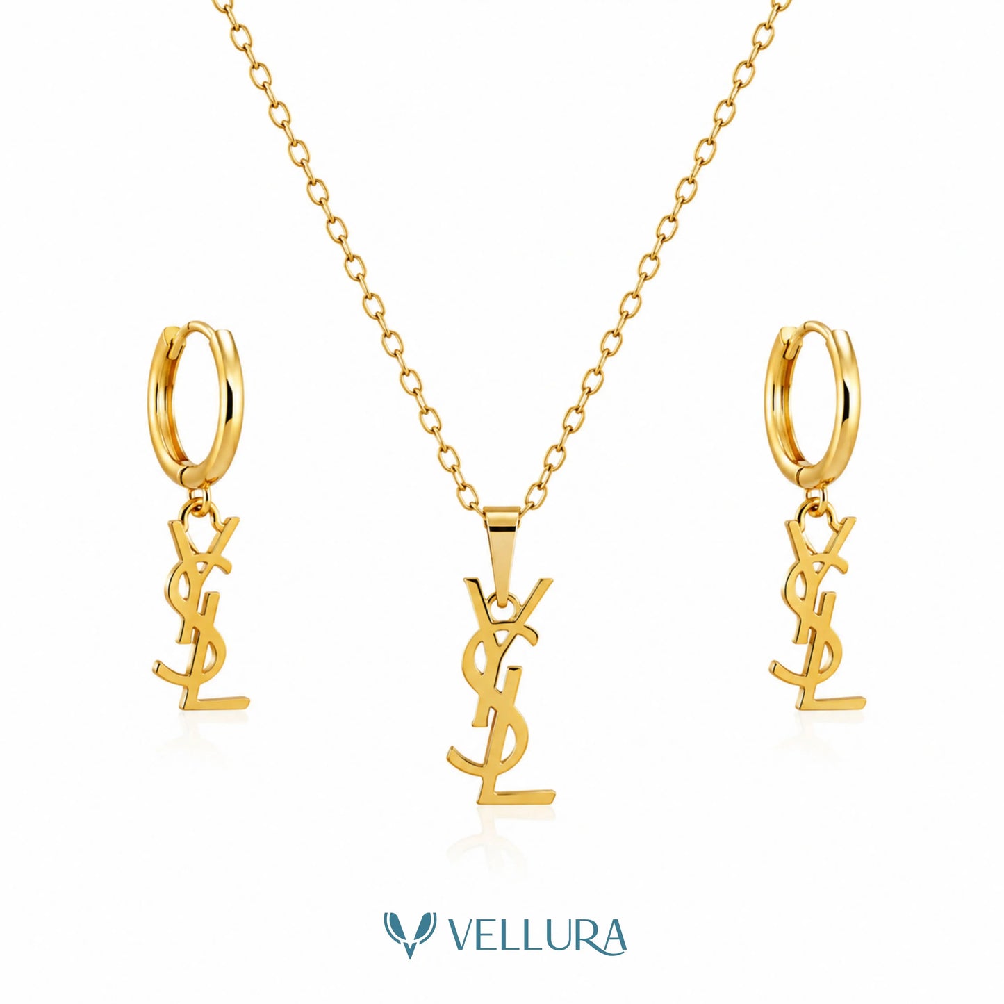 YSL Insipred-Monogram Necklace & Hoop Earrings Set